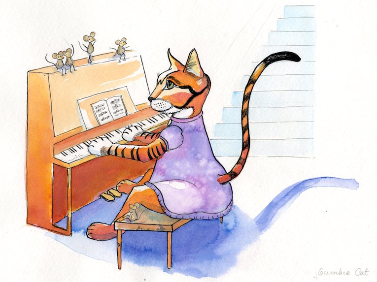 pen and ink cat illustration piano jessica salvador art vancouver bc