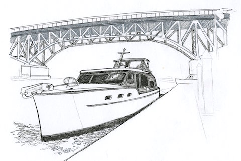 Wooden Boat Granville bridge pen and ink illustration vancouver bc jessica salvador