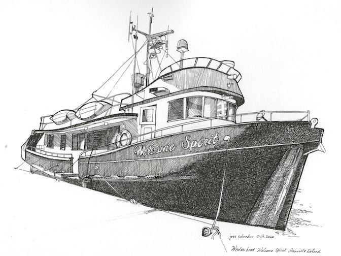 pen and ink drawing wooden boat jessica salvador vancouver bc