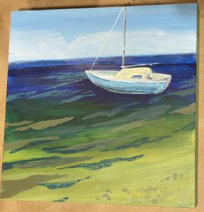 An acrylic painting of a blue sailboat floating on a colourful, translucent ocean with wave patterns painted on the surface