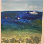 Acrylic painting from a sketchbook depicting five figures floating and swimming in the ocean near a blue sailboat. The ocean is wavy and textured with wave patterns, the colours range from blue to green to sand